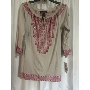 INC Exotic Blossom Embroidered Top Long Sleeve Tunic Size Small